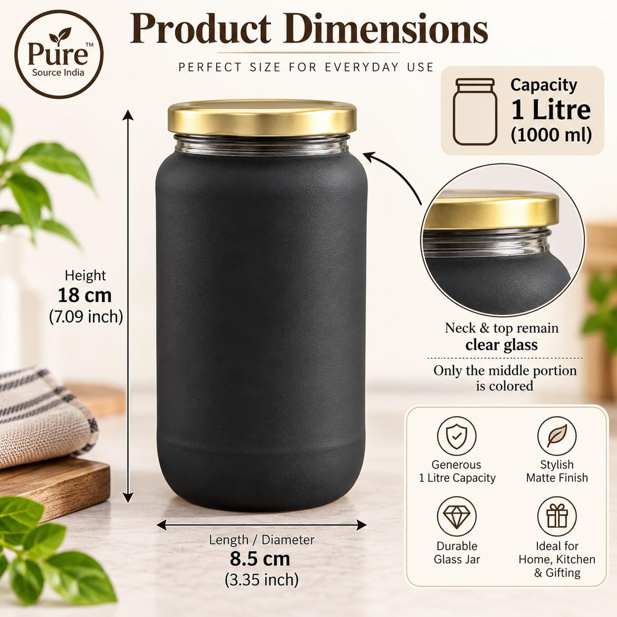 Pure Source India Black Matt Glass Jar with Gold Metal Lid, (1000ml), Airtight Kitchen & Pantry Container, Multipurpose Food Storage Jar