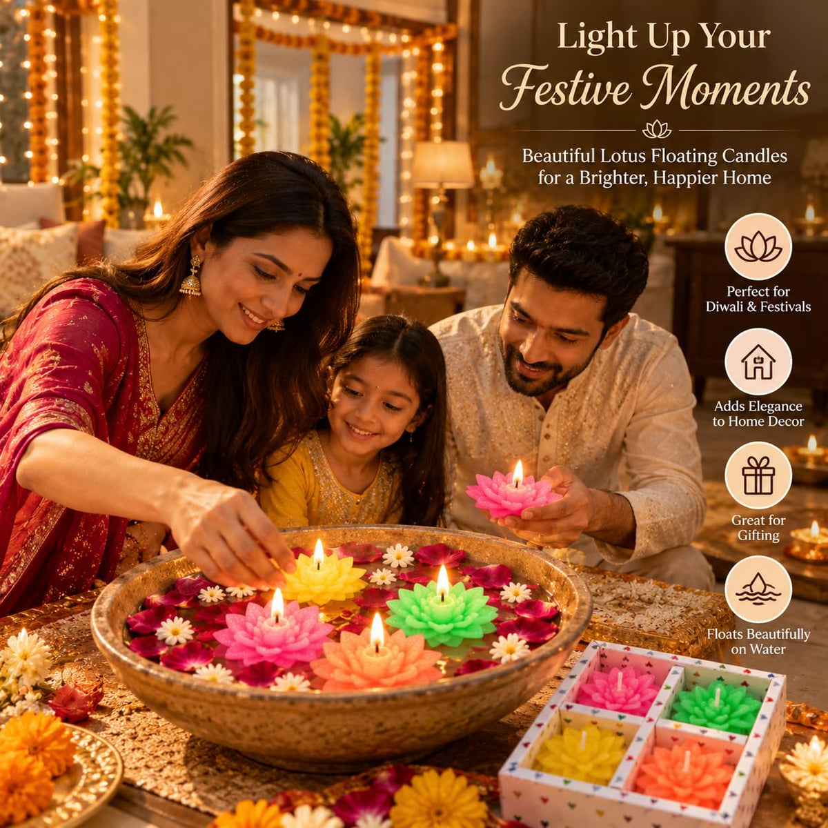 Pure Source India Lotus Floating Candles Set of 4 for Festivals & Decor