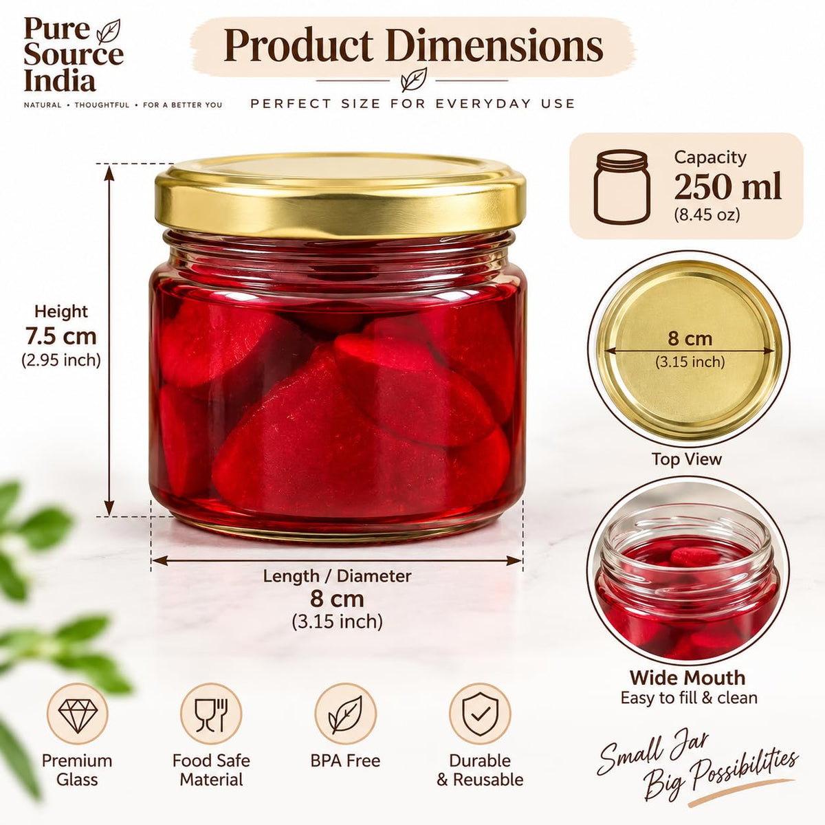 Pure Source India 250 ML Red Glass Storage Jar | Wide Mouth Kitchen Jar for Pickles, Spices, Dry Fruits, Cookies & Snacks