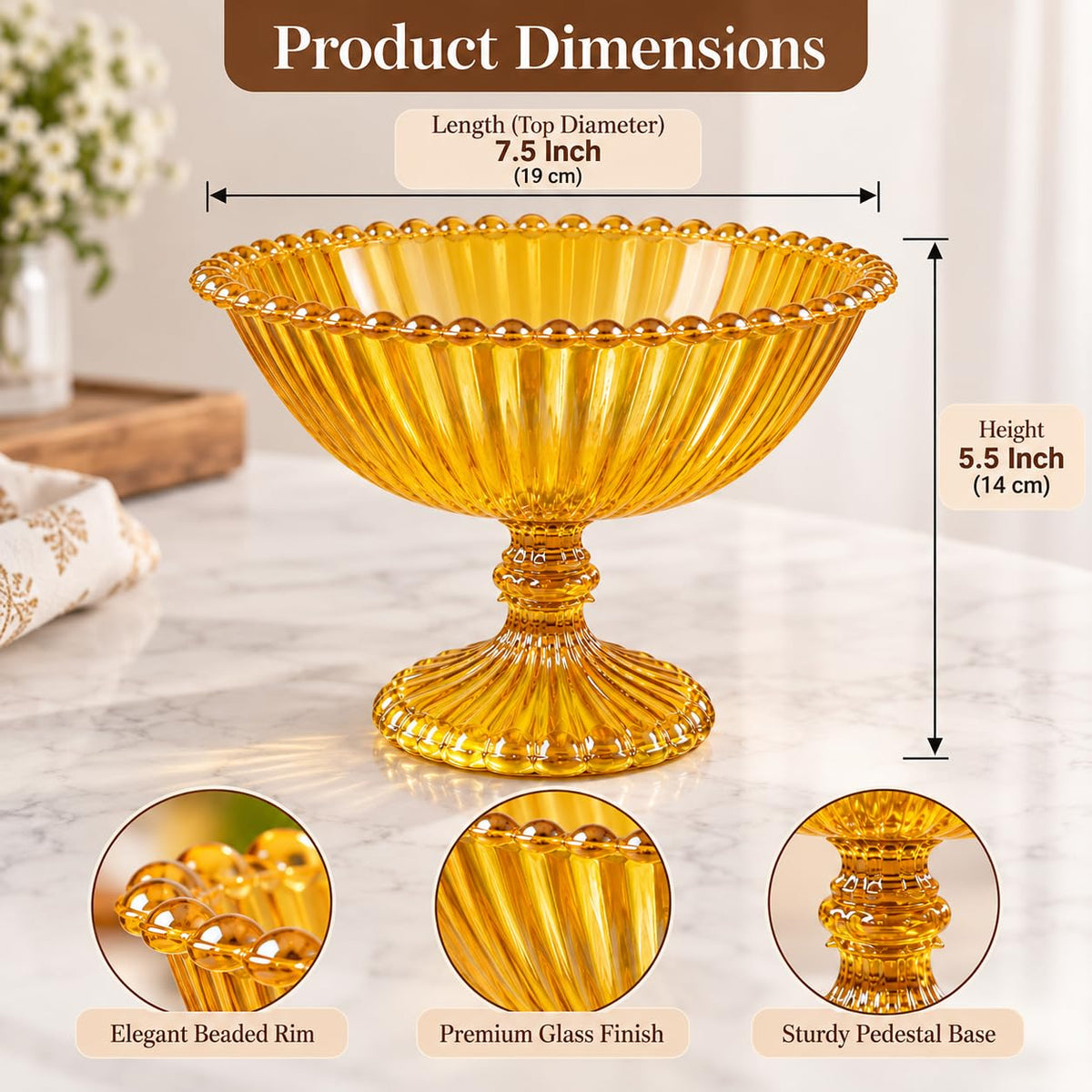 Pure Source India Yellow Glass Fruit Bowl 7.5 Inch | Decorative Ribbed Pedestal Bowl for Fruits, Snacks, Desserts & Table Centerpiece | Elegant Gold Serving Bowl