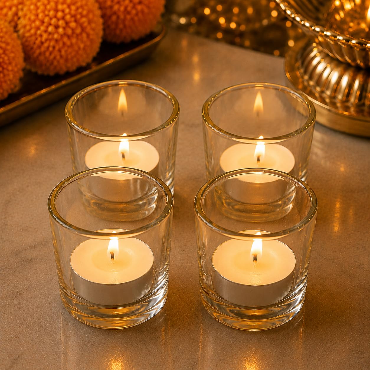 Pure Source India Pack of 4, Clear Tea Light Votive Glass Candle Holders – Perfect for Diwali, Weddings, Spa & Holiday Décor
