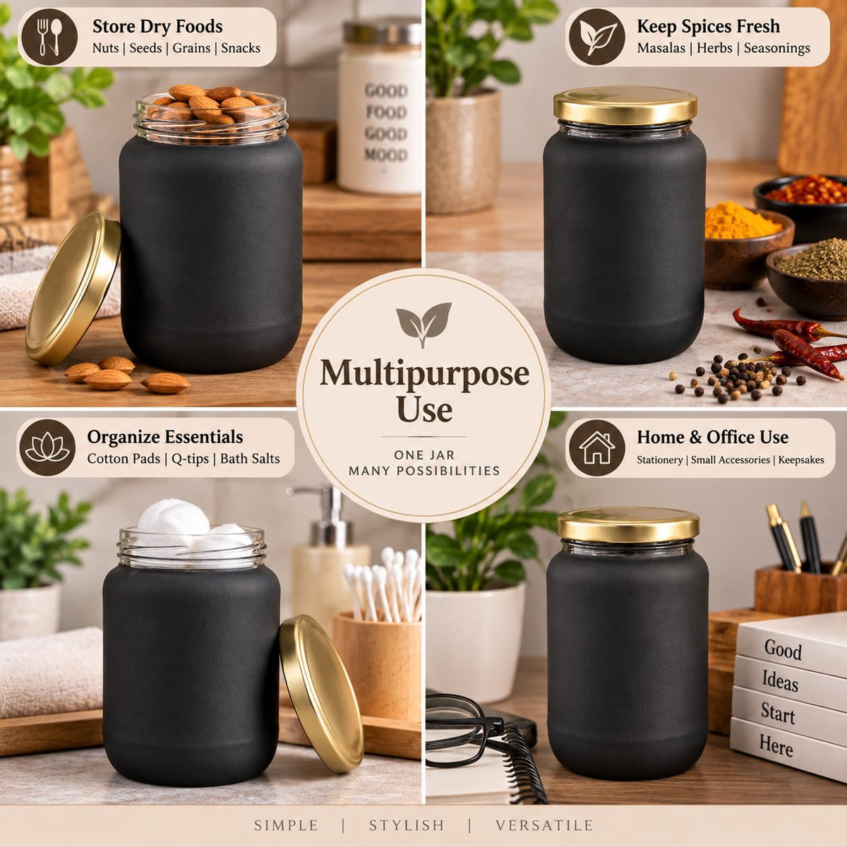 Pure Source India Black Matt Glass Jar with Gold Metal Lid, (1000ml), Airtight Kitchen & Pantry Container, Multipurpose Food Storage Jar