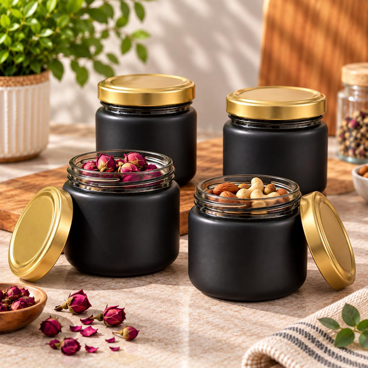 Pure Source India 250 ML Black Glass Storage Jar | Wide Mouth Kitchen Jar for Pickles, Spices, Dry Fruits, Cookies & Snacks