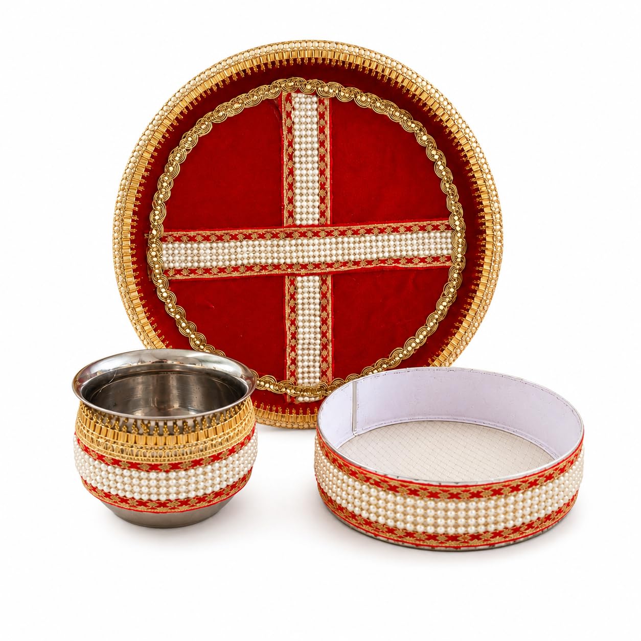 Pure Source India Handmade White Bead Embellished Karwa Chauth Pooja Thali Set, Steel Channi (Sieve), Karwa Lota | Traditional Karva Chauth Puja Kit for Married Women