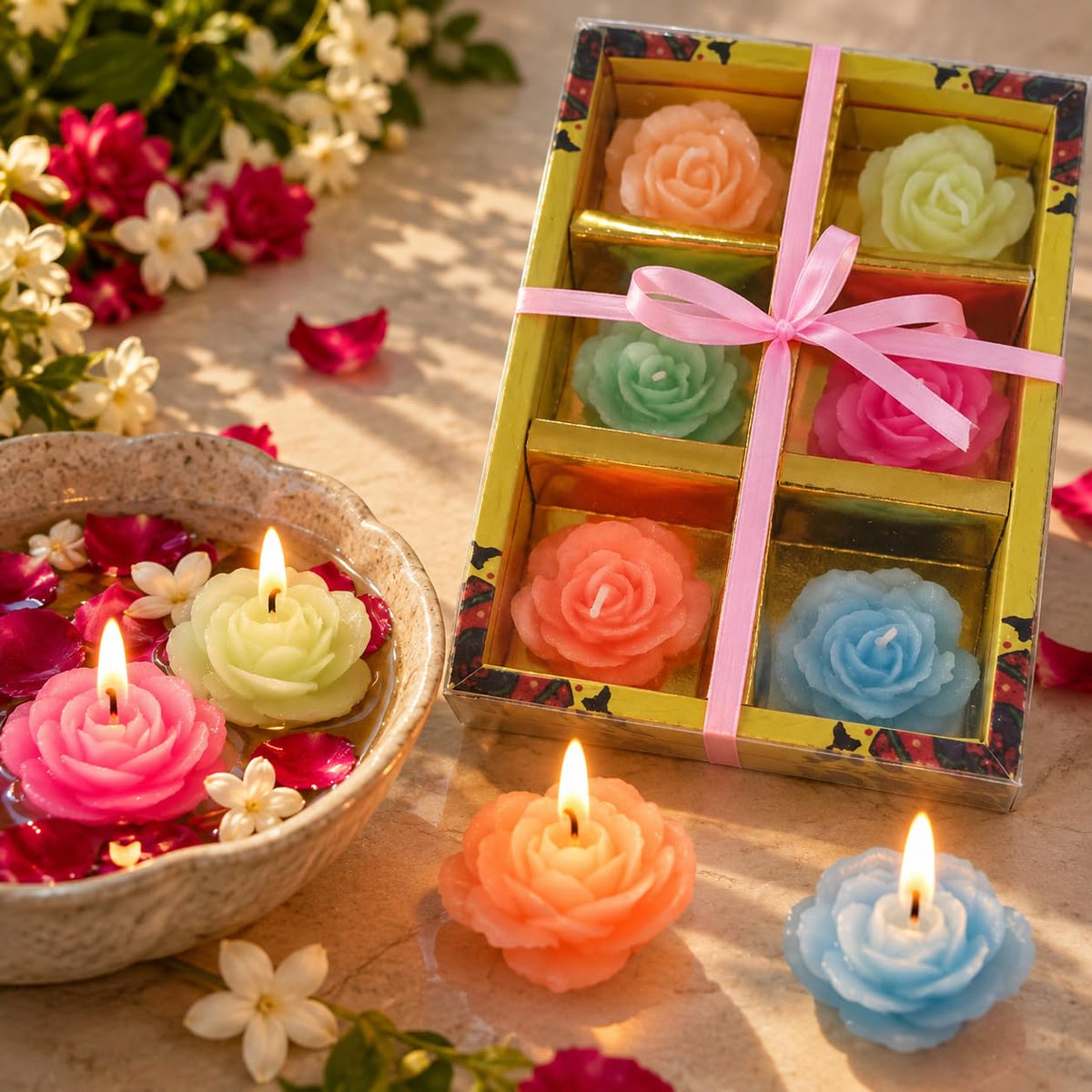Pure Source India Lotus Floating Candles Set of 6 for Diwali Decor