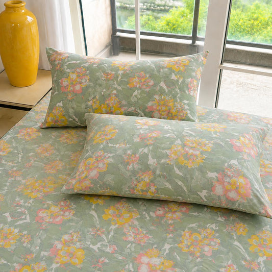 Pure Source India Poly Cotton Elegance Bedding Set, Dreamy Cotton Comfort Double Bed Sheet with Pillow Covers (Seamoss Green Flora)