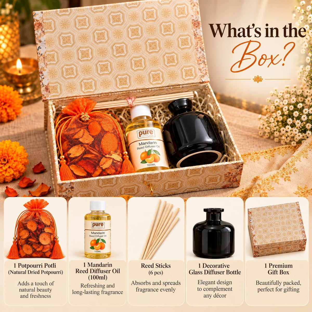 Pure Source India Diwali Gift Set with Reed Diffuser| Premium Home Fragrance Gift Hamper