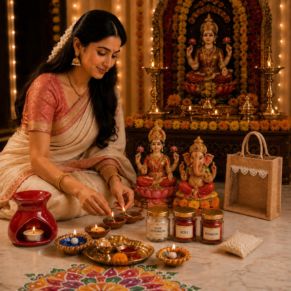 Pure Source India Diwali Pooja Gift Set with Roli Kumkum & Ghee Wicks Complete Diwali pooja and gifting combo (Red)