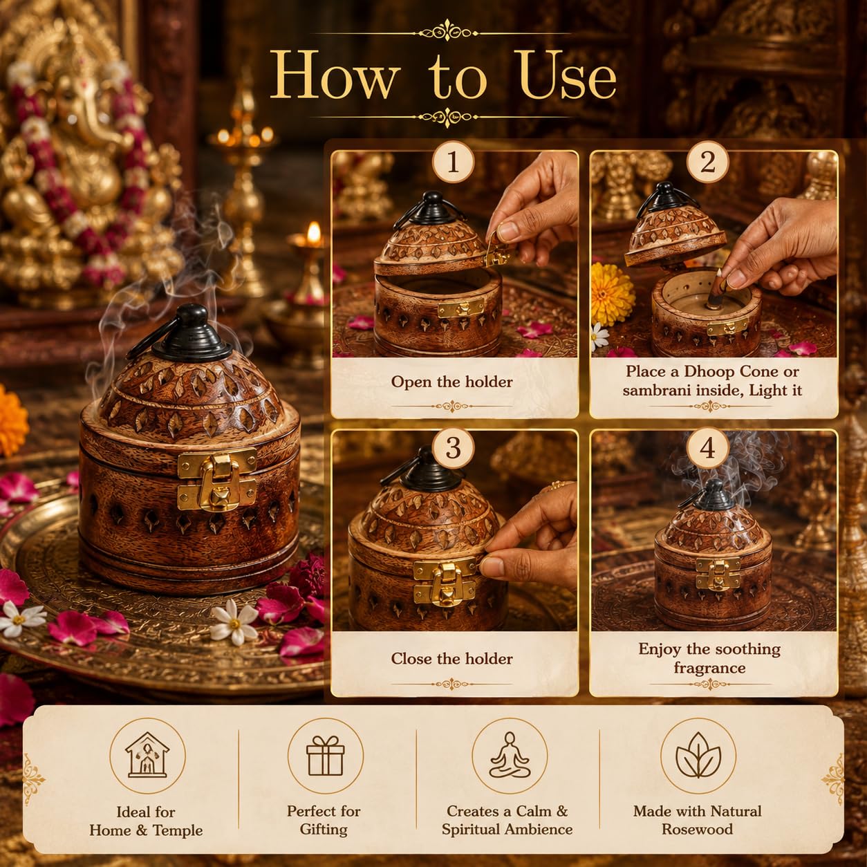Hanging Rosewood Wooden Sambrani Incense Holder | Decorative Agarbatti & Dhoop Cone Stand | Ideal for Puja, Home, and Office Fragrance