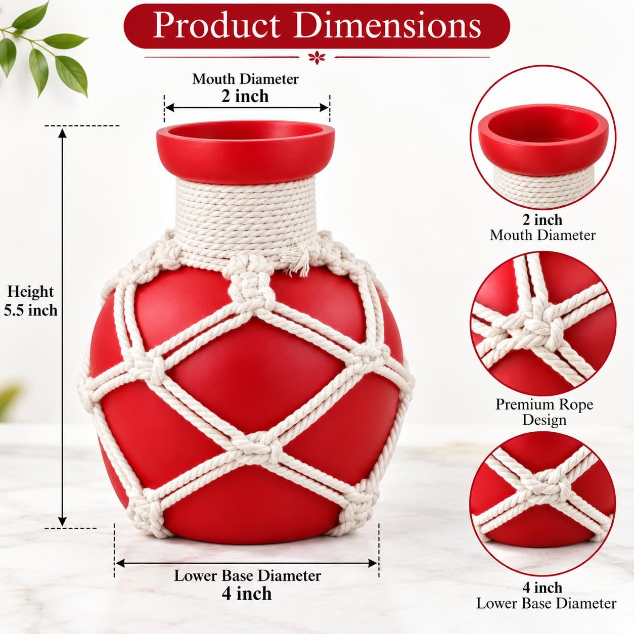 Pure Source India Decorative Red Flower Vase with Macramé Rope Design | Tabletop Home Décor Vase for Living Room, Dining Table & Office