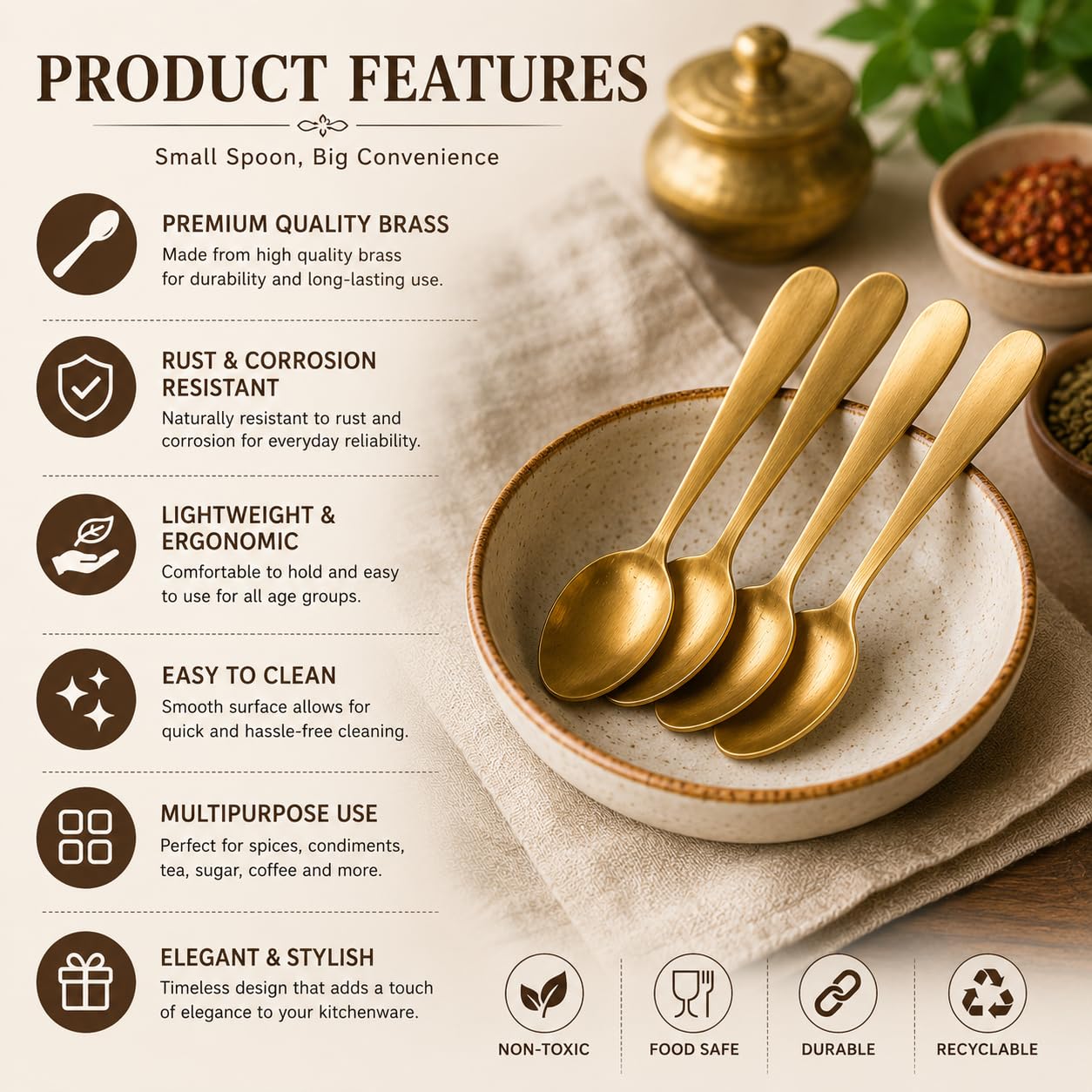 Pure Source India 3 Inch Brass Spoon Perfect for Spices, Coffee and Dessert Spoon