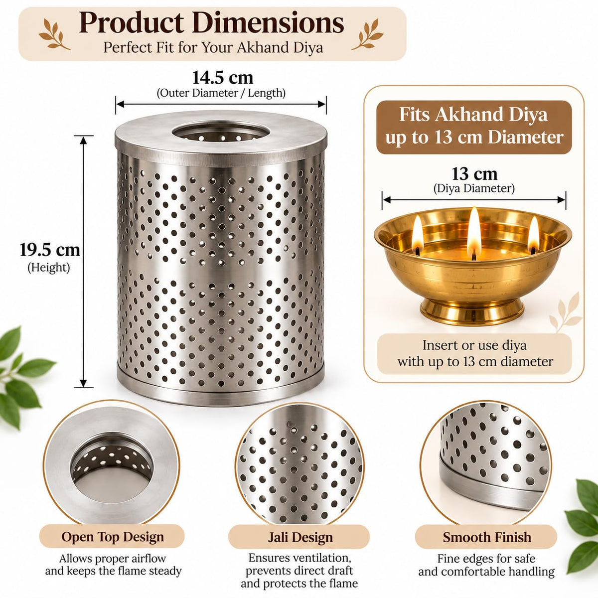 Pure Source India Stainless Steel 7.6 Inch Wind Protector Cover for Akhand Jyot | Safety Guard for Temple, Puja Room & Outdoor Use