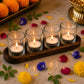 Pure Source India Glass Votive Tealight Candle Holders with Wooden Tray for Home Décor, Diwali Gifting, Living Room (Clear)