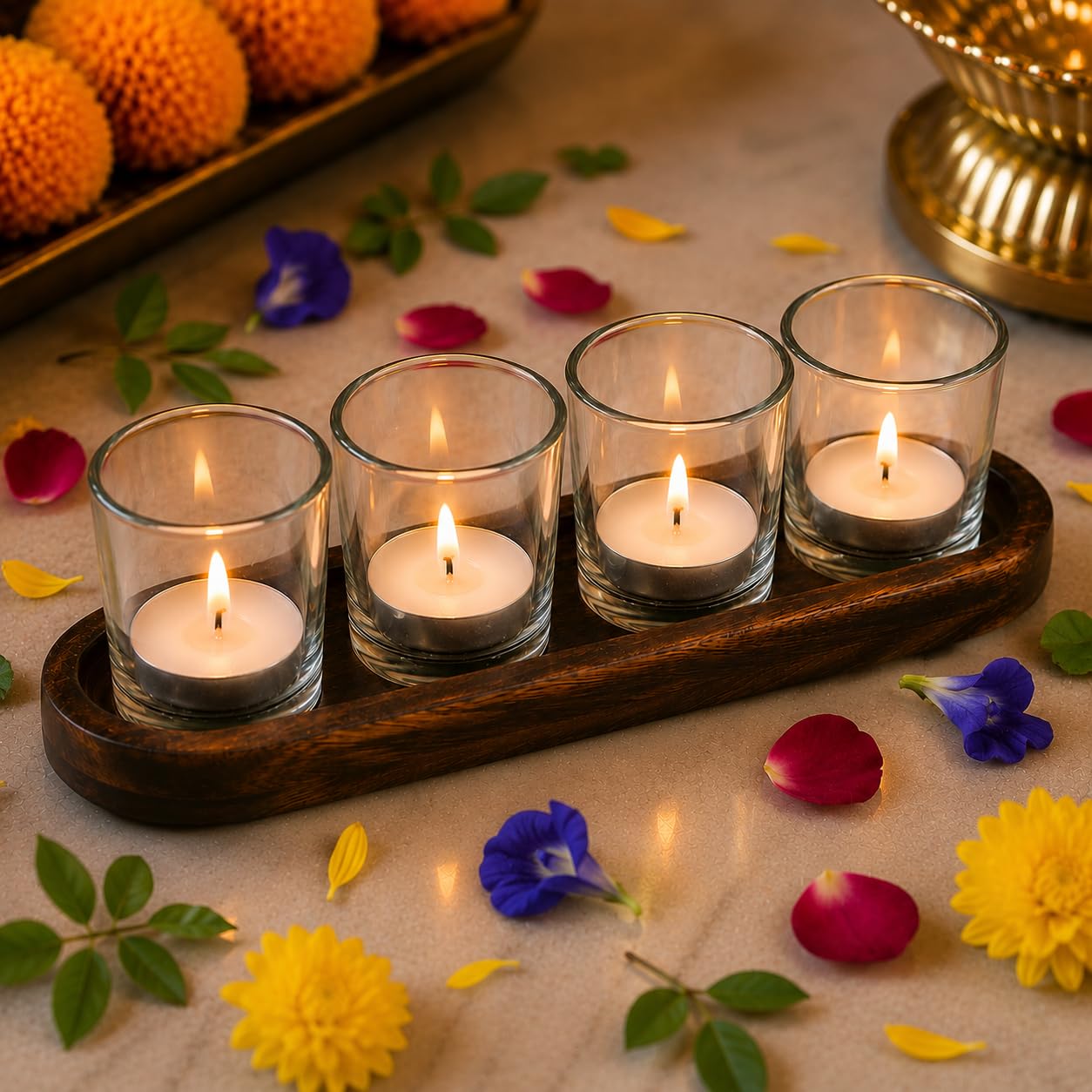Pure Source India Glass Votive Tealight Candle Holders with Wooden Tray for Home Décor, Diwali Gifting, Living Room (Clear)