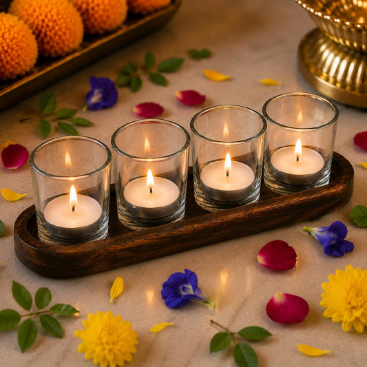 Pure Source India Glass Votive Tealight Candle Holders with Wooden Tray for Home Décor, Diwali Gifting, Living Room (Clear)