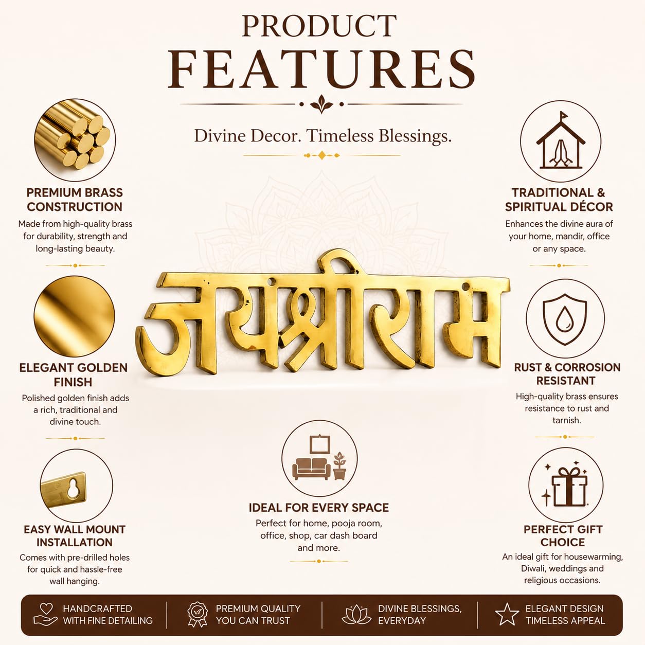 Brass Jai Shri Ram Wall Hanging | Golden Religious Wall Décor for Home Entrance, Temple, Office & Living Room | Vastu Decorative Name Plate