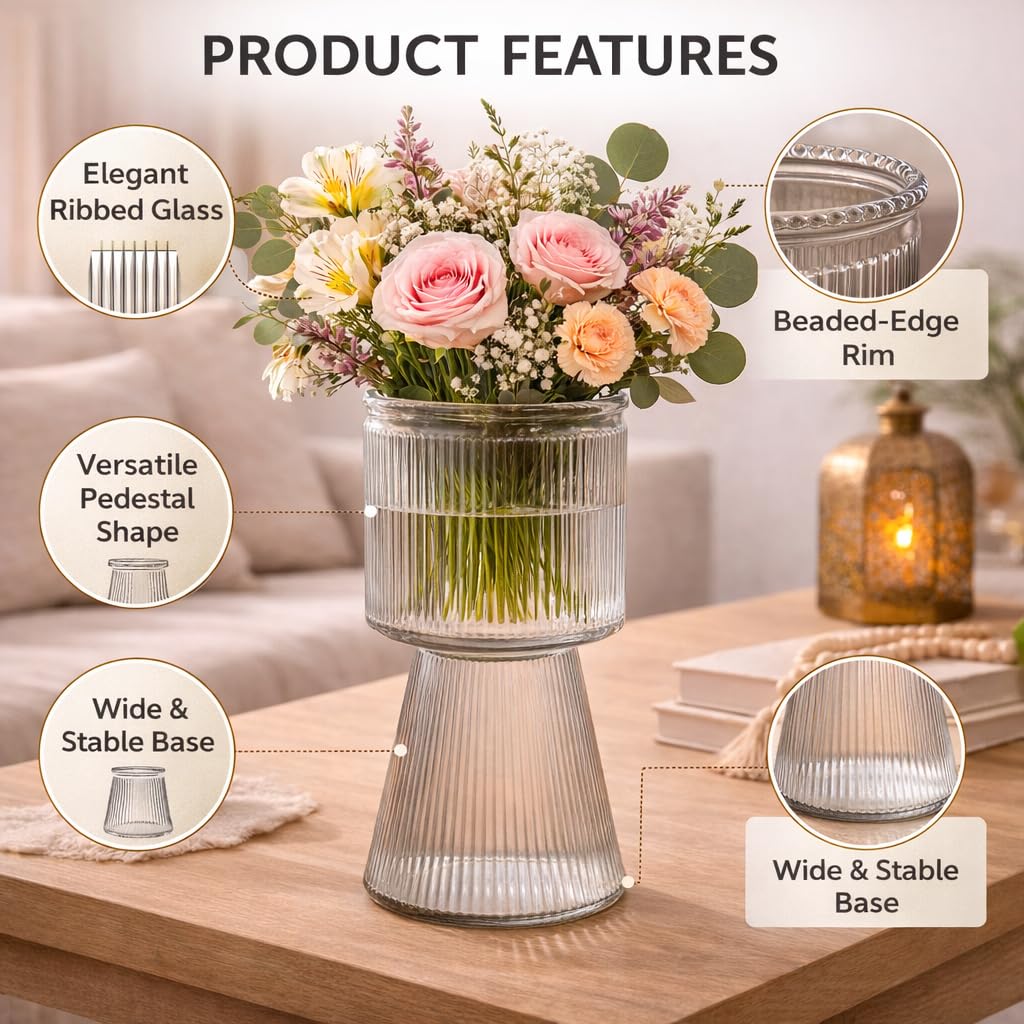 Pure Source India Decorative Ribbed Glass Vase 7.5Inch with Pedestal Base – Modern Flower Vase for Living Room & Tabletop