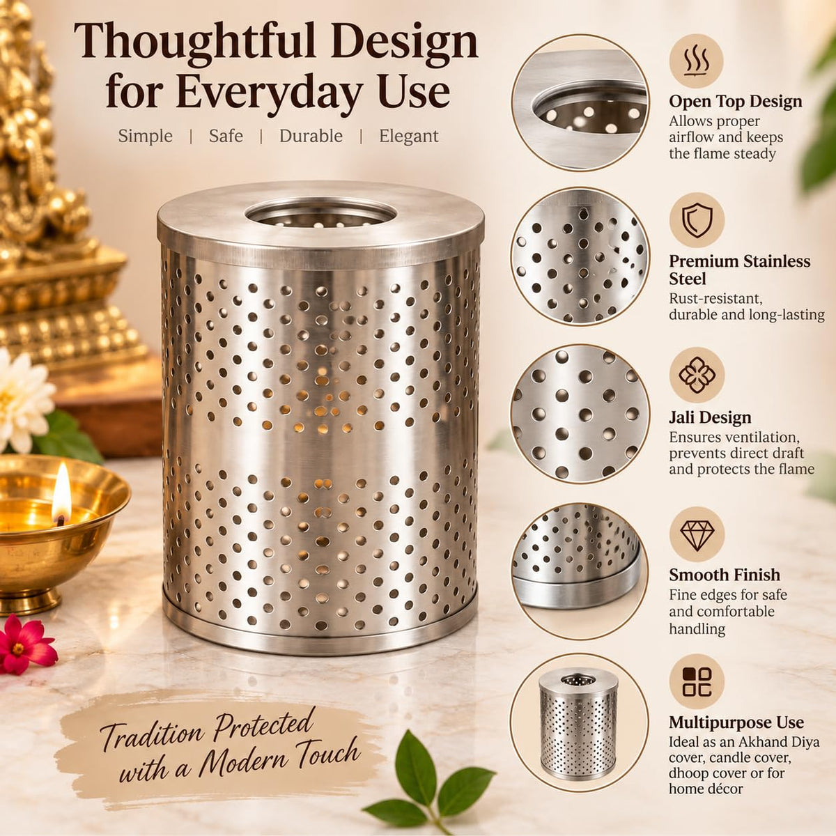 Pure Source India Stainless Steel 7.6 Inch Wind Protector Cover for Akhand Jyot | Safety Guard for Temple, Puja Room & Outdoor Use