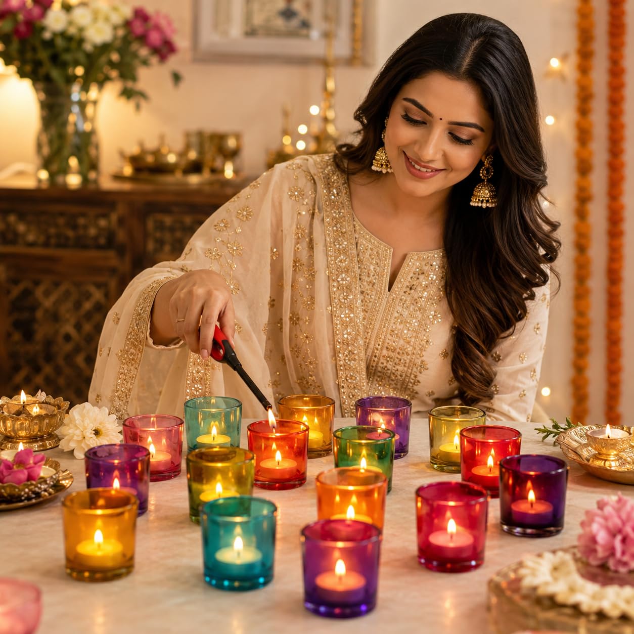 Pure Source India Set of 6 Glass Votive Tealight Candle Holders Green - Living Room Side Table Home Decoration