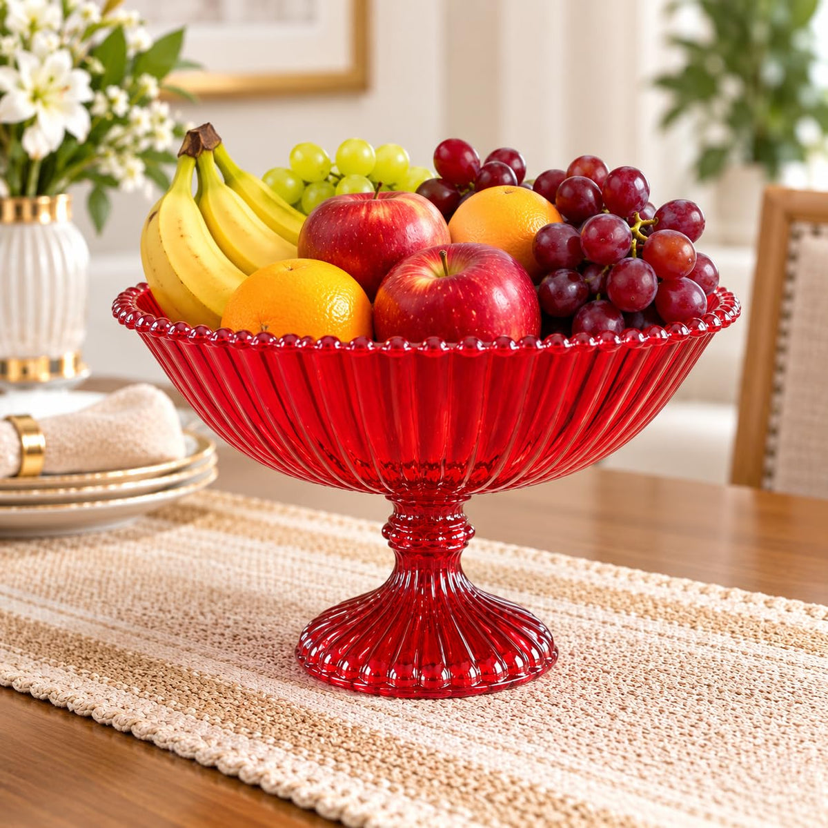 Pure Source India Red Glass Fruit Bowl 7.5 Inch | Decorative Ribbed Pedestal Bowl for Fruits, Snacks, Desserts & Table Centerpiece | Elegant Gold Serving Bowl