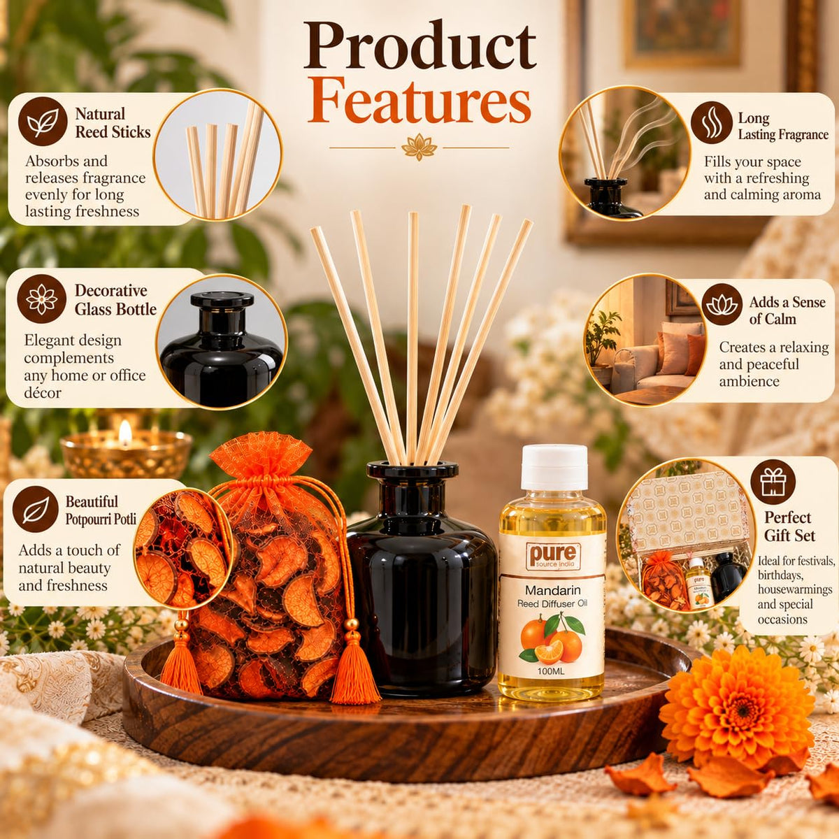 Pure Source India Diwali Gift Set with Reed Diffuser| Premium Home Fragrance Gift Hamper