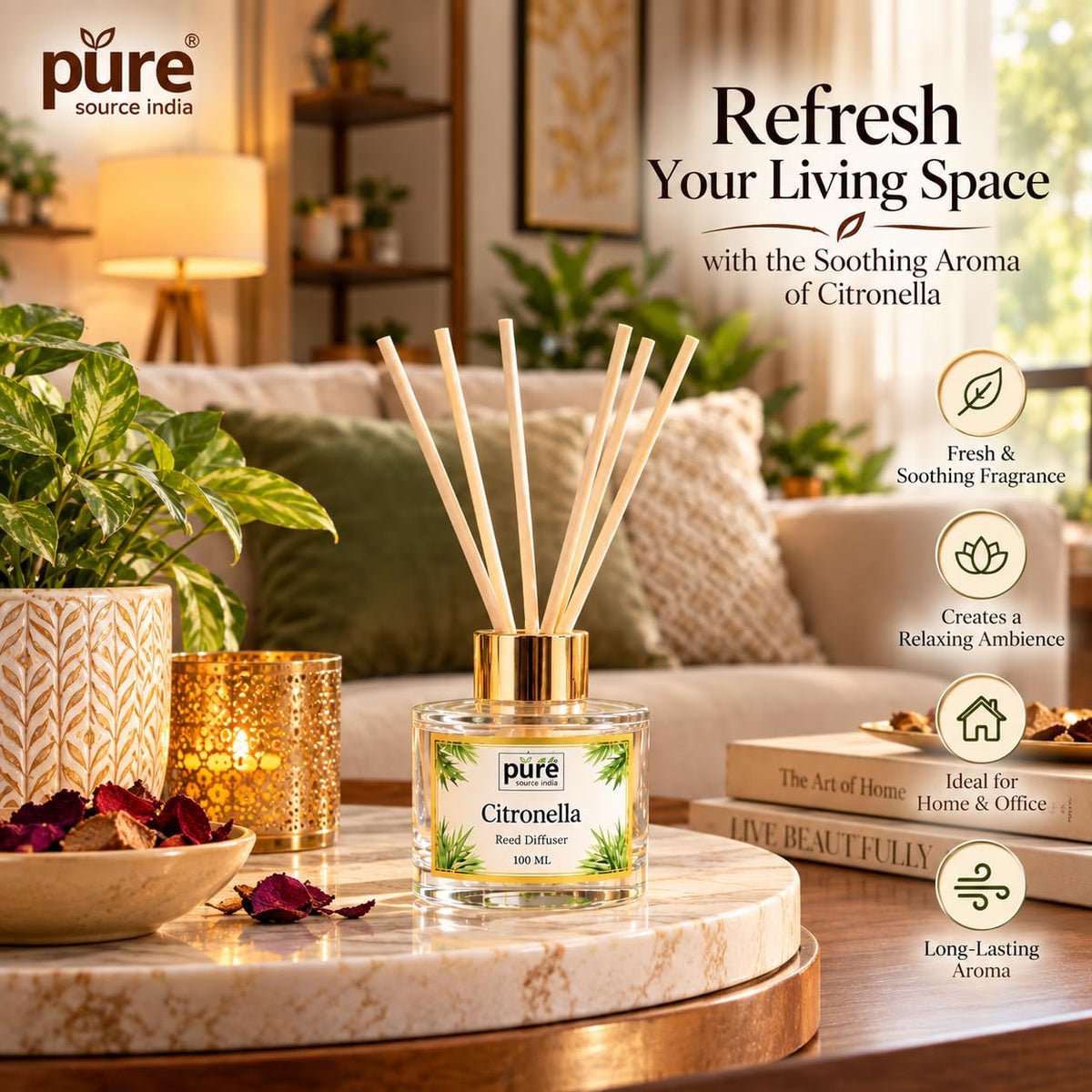 Pure Source India Reed Diffuser Gift Set | Luxury Home Fragrance Gift Hamper for Diwali, Birthday & Housewarming
