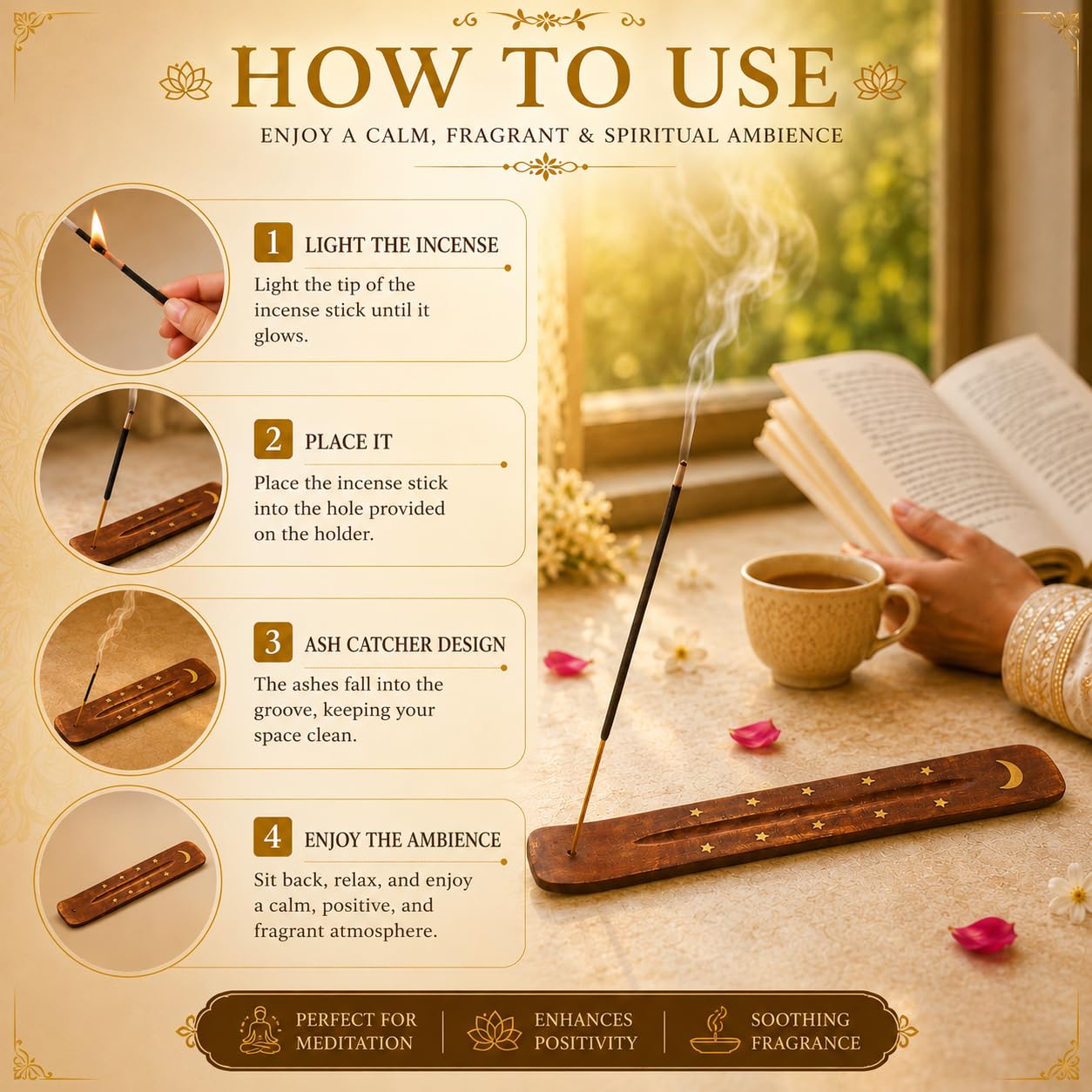 Wooden 10 inch Incense Stick Holder with Brass Moon & Star Inlay Design – Handmade Agarbatti Stand for Home, Puja, and Meditation