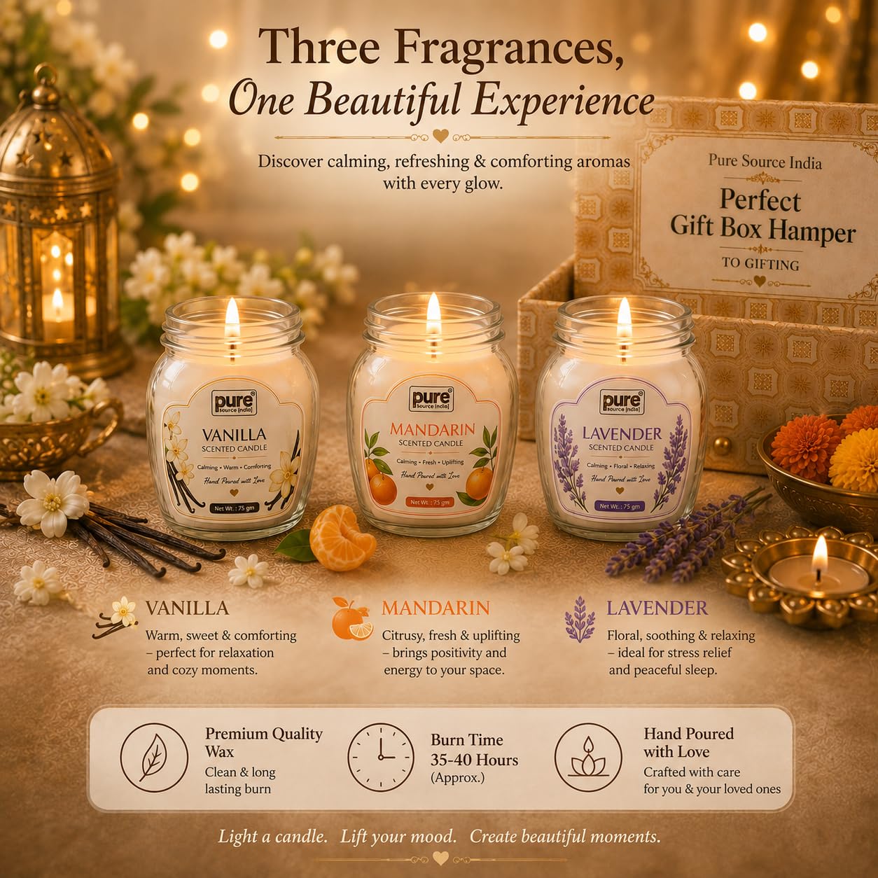 Pure Source India Scented Candle Gift Set of 3 | Vanilla, Mandarin & Lavender | 75g Each | Fragrance Candles for Home, Living Room & Gifting