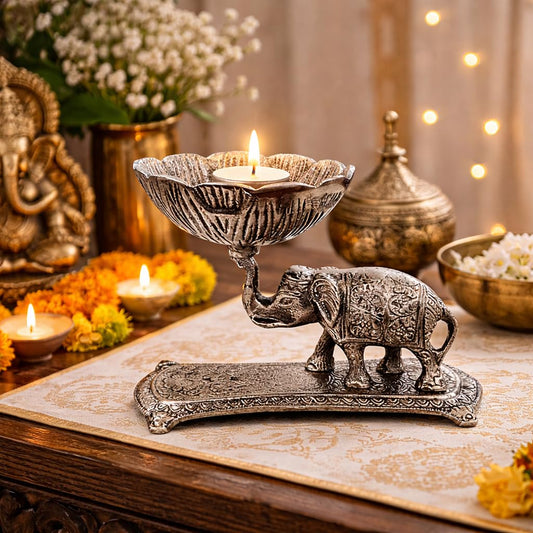 Pure Source India Silver Elephant Urli Bowl/Decorative Bowl for Home Decor, Floating Flowers, Candle Holder and Temple