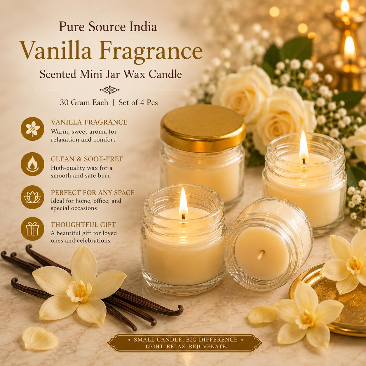 Pure Source India Fragrance Scented Mini Jar Wax Candle Set of 4 | Smokeless Candles with Gold Lid |for Home Decor, Diwali, Wedding, Birthday & Gifts