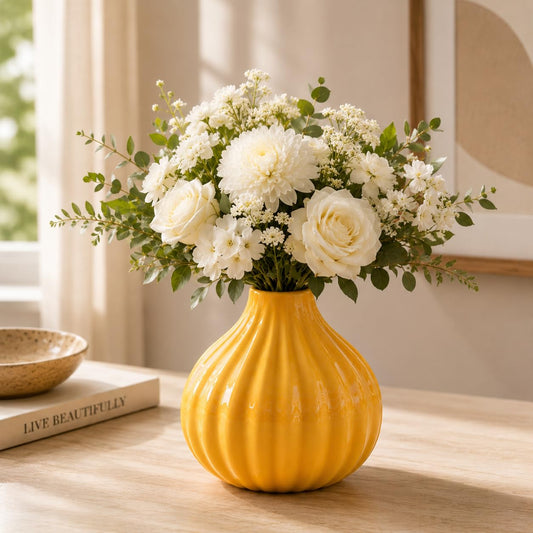 Pure Source India Ceramic Yellow Reed Diffuser Pot/Flower Pot  With 8 Pcs Reed Sticks (Standard)
