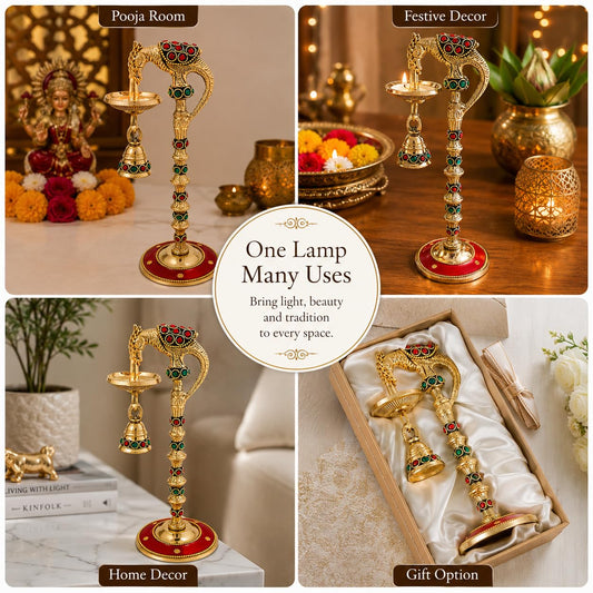 9 Inch Brass Peacock Diya for Pooja | Traditional Decorative Oil Lamp with Hanging Bell | Handmade Brass Deepam for Home Temple, Mandir, Diwali, Navratri & Housewarming Gift