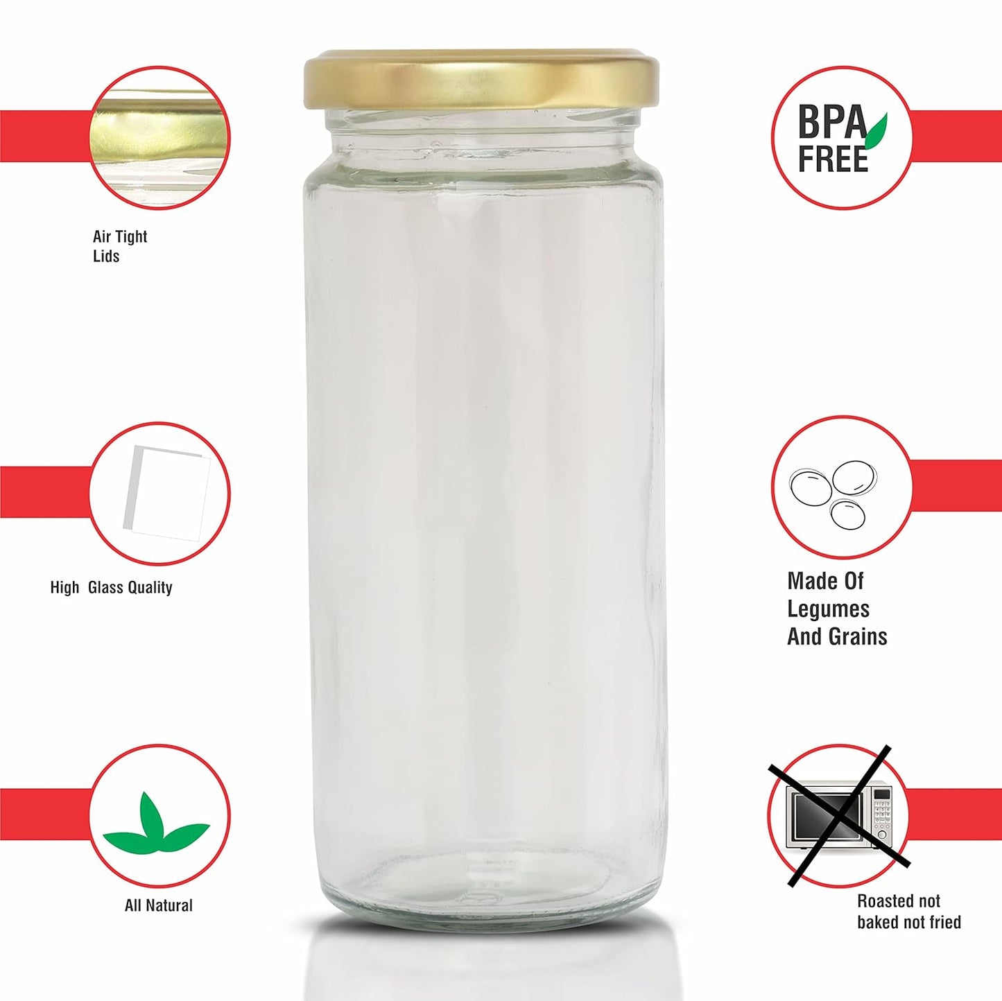 Kitchen Storage long Bamboo Glass Jars (200 ml, Transparent) For Sauce, Pickle, Cereal, Spice, Spaghetti Noodles