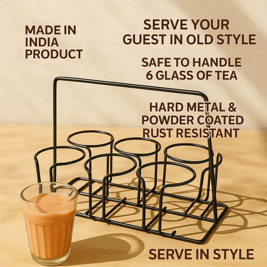Pure Source India Cutting Chai Glasses with Iron Stand, Set of 6 | 120ml Transparent Tea Glasses for Home, Kitchen, Café, Restaurant & Dhaba | Chai Cups for Serving Tea & Coffee