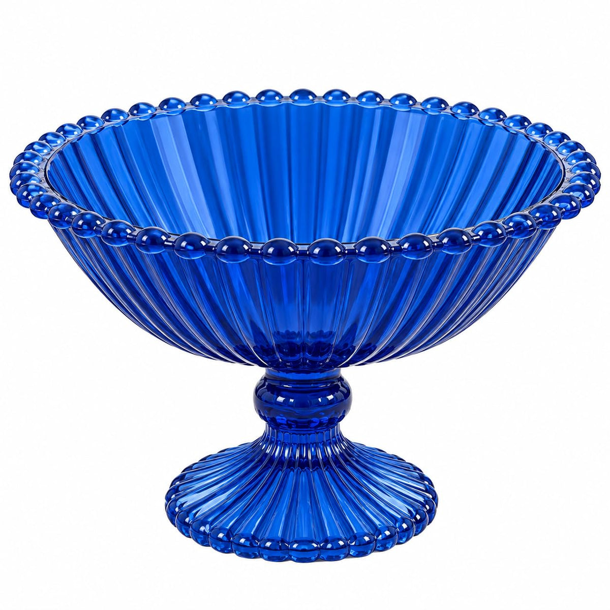 Pure Source India Blue Glass Fruit Bowl 7.5 Inch | Decorative Ribbed Pedestal Bowl for Fruits, Snacks, Desserts & Table Centerpiece | Elegant Gold Serving Bowl