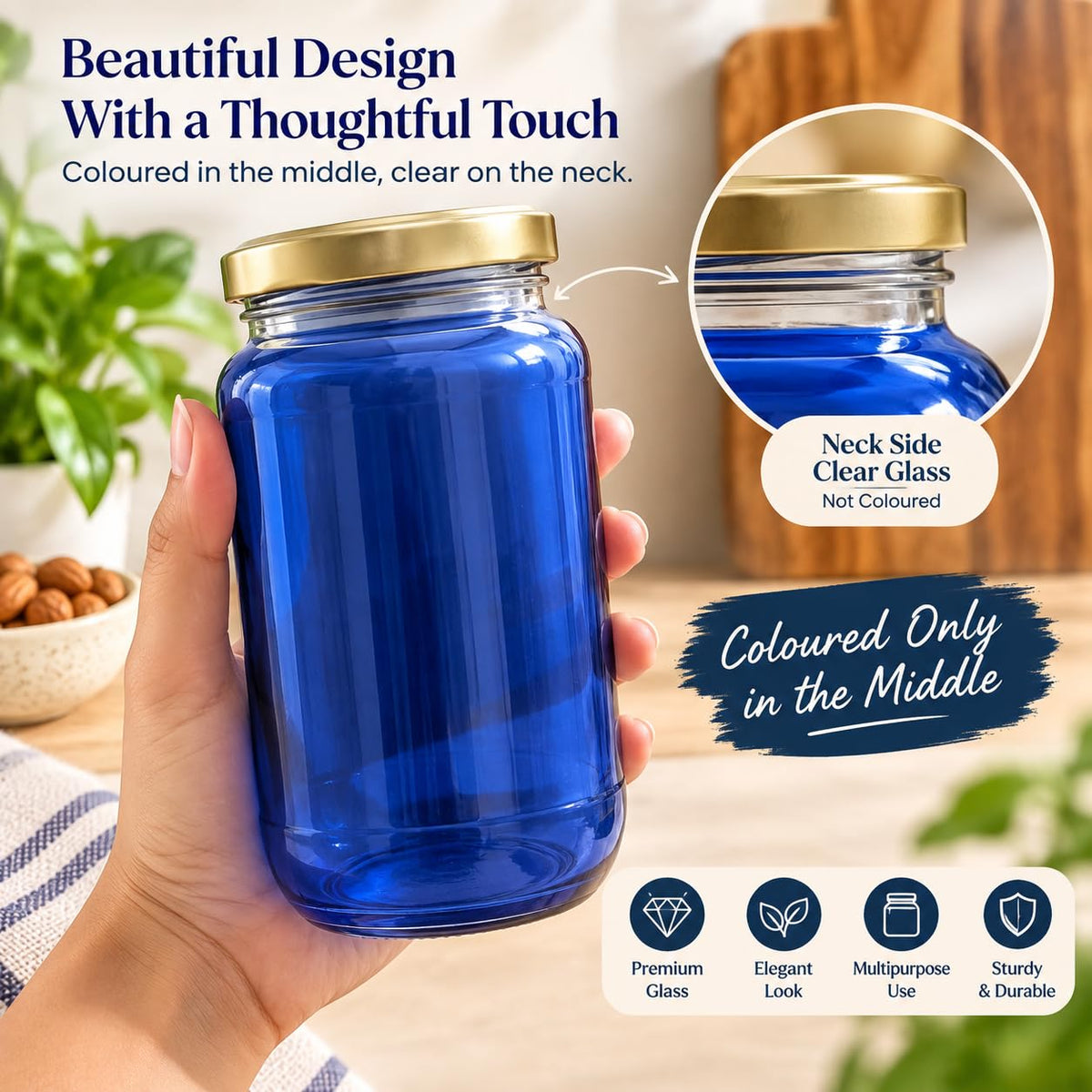 Pure Source India Blue Glass Jar with Gold Metal Lid, (1000ml), Airtight Kitchen & Pantry Container, Multipurpose Food Storage Jar