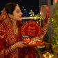 Pure Source India Decorated Karwa Chauth Pooja Thali Set with Channi, Karwa Lota| Handmade Red & Gold Velvet Karva Chauth Puja Thali | Traditional Bridal Vrat Gift Set for Married Women