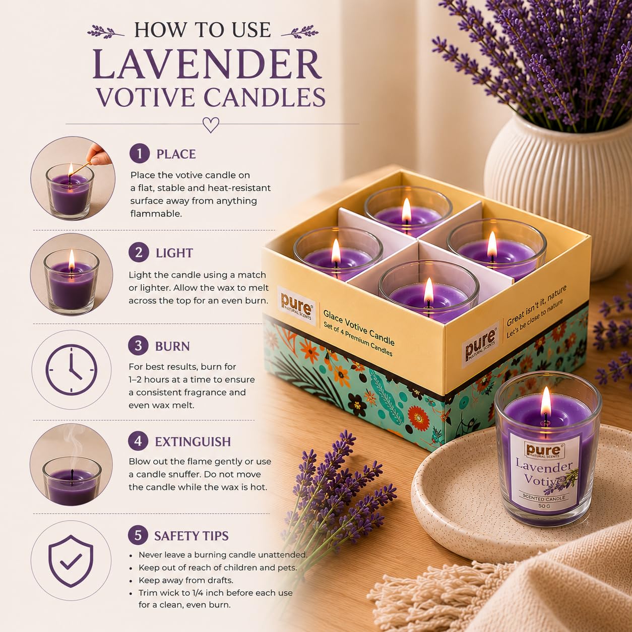 Pure Source India Lavender Votive Candles Set of 4,Scented Glass Candles, Aromatherapy Lavender Fragrance, Long Burning Decorative Candles for Home Décor, Bedroom, Relaxation, Meditation & Gift Giving