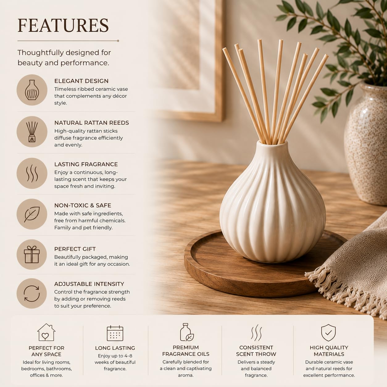 Pure Source India Ceramic Reed Diffuser Pot/Flower Pot/Christmas Decoration and New Year Gifts (Standard, White) with 8 pcs reed stick