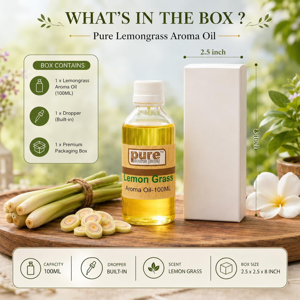 Pure Source India 100ml Lemongrass Essential Aroma Oil | Pure, Natural & Undiluted Fragrance Oil with Dropper Bottle | Ideal for Diffusers, Aroma Burners, Potpourri, DIY Candles, Soap & Home Fragrance