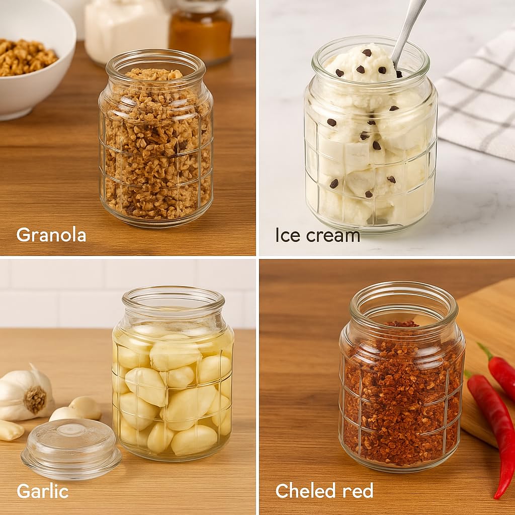 Pure Source India 500ml Glass Jar with Airtight Lid | Square Pattern Design | Kitchen Organizer for Spices, Pickles, Dry Fruits, Sugar & Snacks