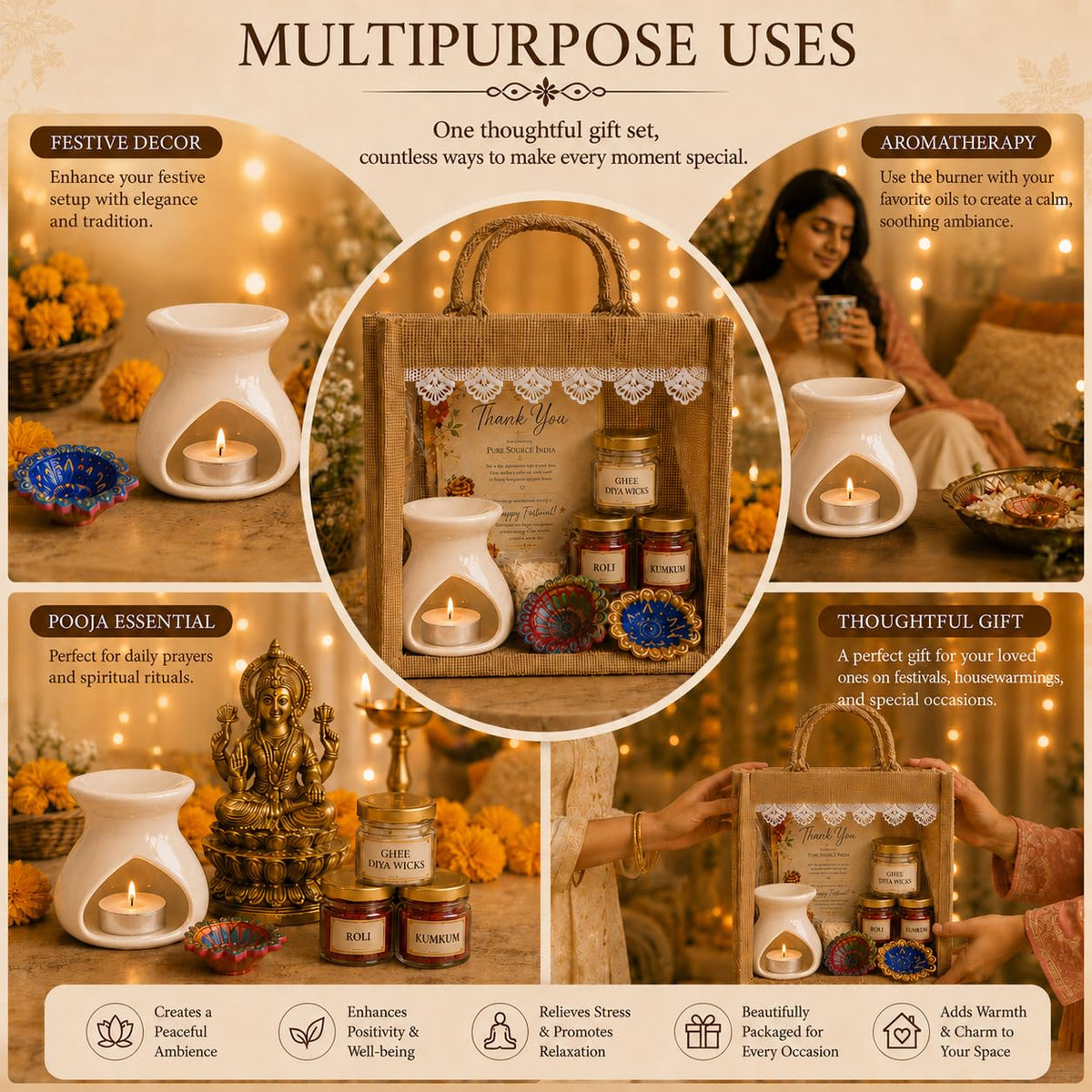 Pure Source India Diwali Pooja Gift Set with Roli Kumkum & Ghee Wicks Complete Diwali pooja and gifting combo (White)