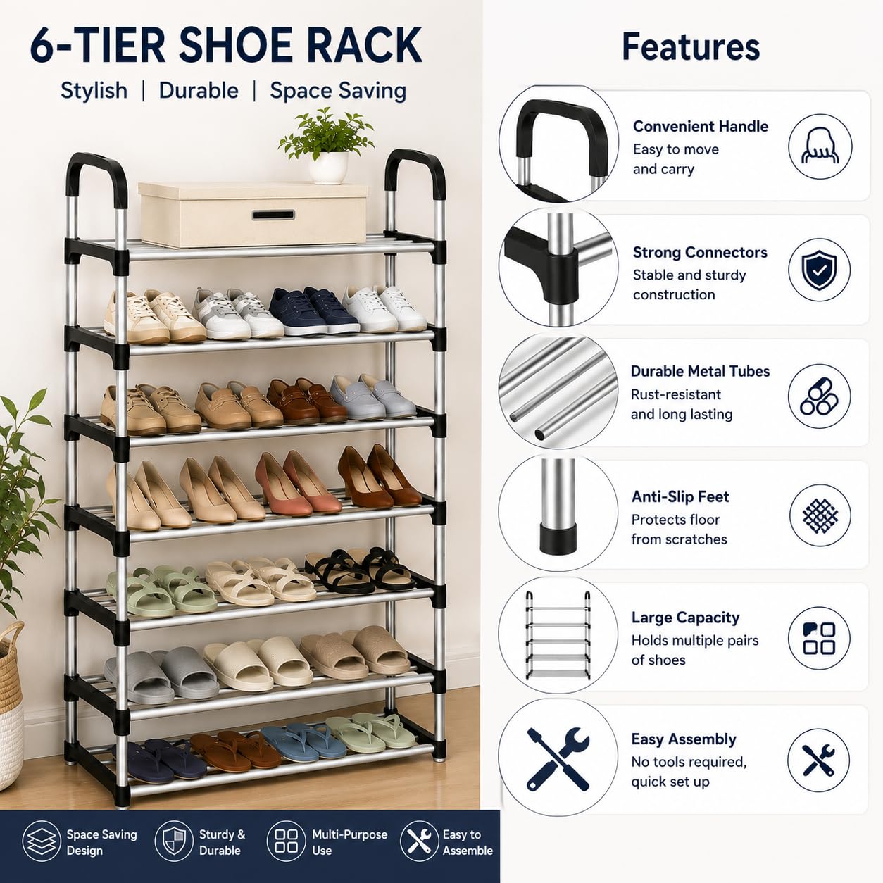 6 Tier Stainless Steel Shoe Rack Organizer | Easy Assembly Footwear Storage Shelf for Home, Office & Entryway