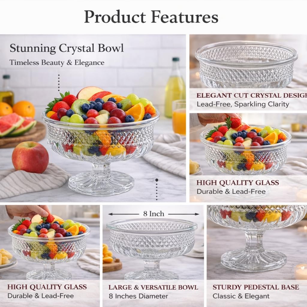 Pure Source India Premium Crystal Footed Fruit Bowl – Elegant Multipurpose Serving Dish (7.75” x 5.75”)