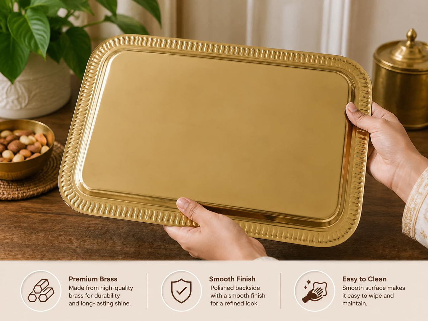 Pure Source India Large Decorative Brass Serving Tray 13.8 x 9.8 Inch | Premium Rectangular Brass Platter for Tea, Coffee, Snacks & Dry Fruits