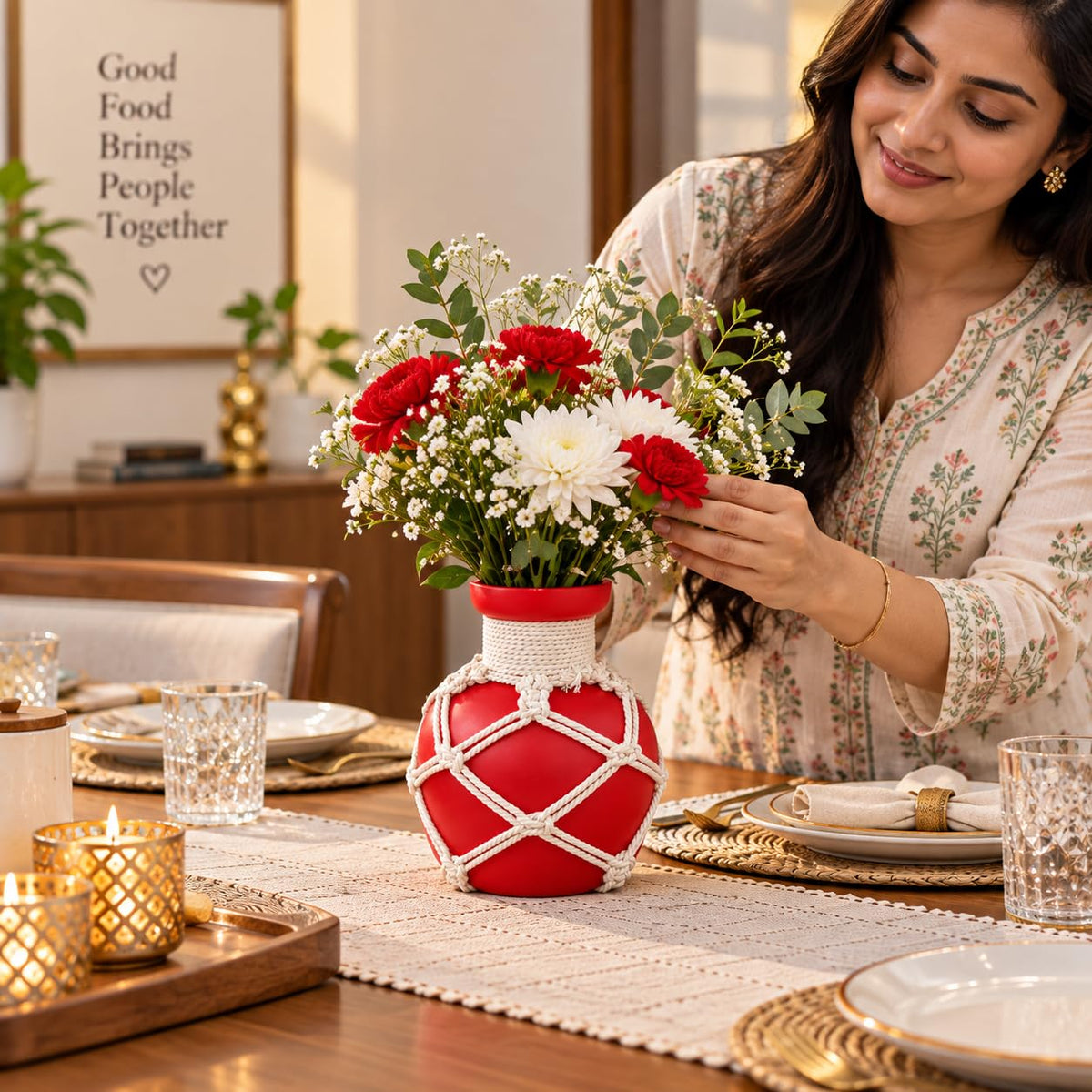Pure Source India Decorative Red Flower Vase with Macramé Rope Design | Tabletop Home Décor Vase for Living Room, Dining Table & Office