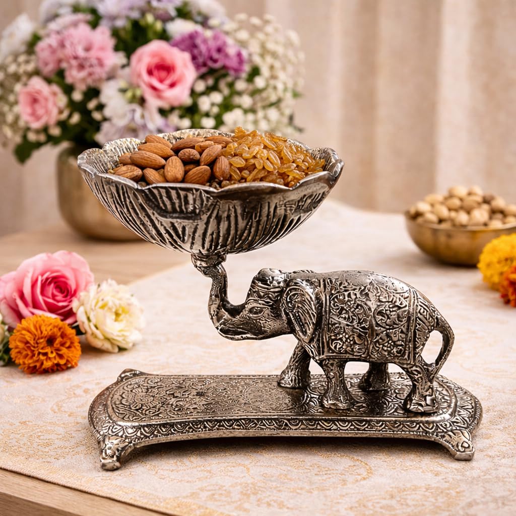 Pure Source India Silver Elephant Urli Bowl/Decorative Bowl for Home Decor, Floating Flowers, Candle Holder and Temple