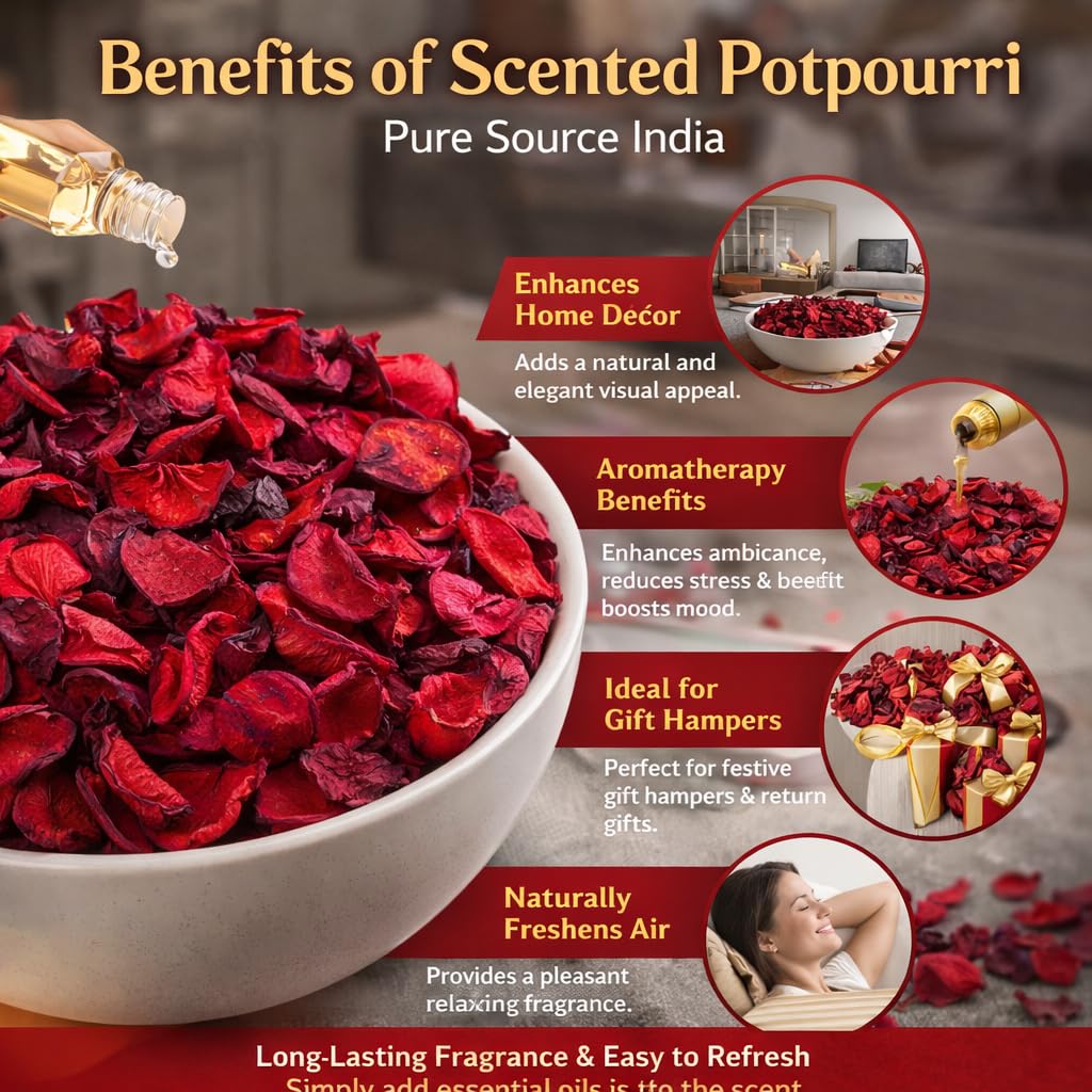 Pure Source India Premium  Red Rose Scented Potpourri Gift Pack – Natural Dried Flower Fragrance for Home Décor, Aromatherapy & Festive Gift Hampers