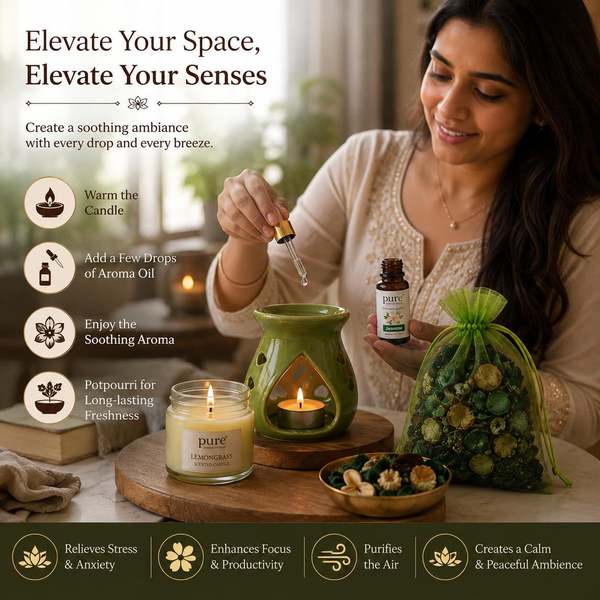 Pure Source India Diwali Gift Set with 97 Green Aroma Burner, Aroma Oil, Scented Candle & Potpourri Potli | Festive Home Fragrance Gift Hamper