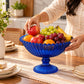 Pure Source India Blue Glass Fruit Bowl 7.5 Inch | Decorative Ribbed Pedestal Bowl for Fruits, Snacks, Desserts & Table Centerpiece | Elegant Gold Serving Bowl